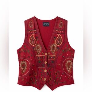 Vintage Solutions Embroidered Paisley Vest Boho Folk Western Red Size L